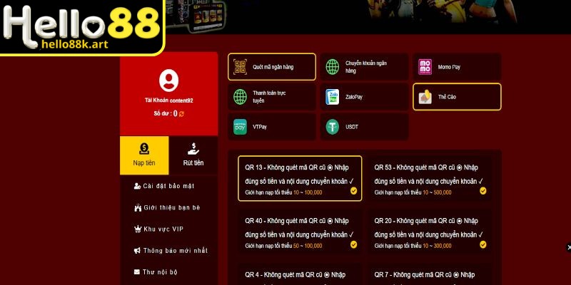 Nạp tiền HELLO88 đa dạng phương thức an toàn và tiện lợi